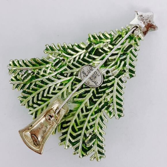 Signed Avon 2008 5th Annual Christmas Tree Brooch Green Enamel Rhinestones - Picture 7 of 11